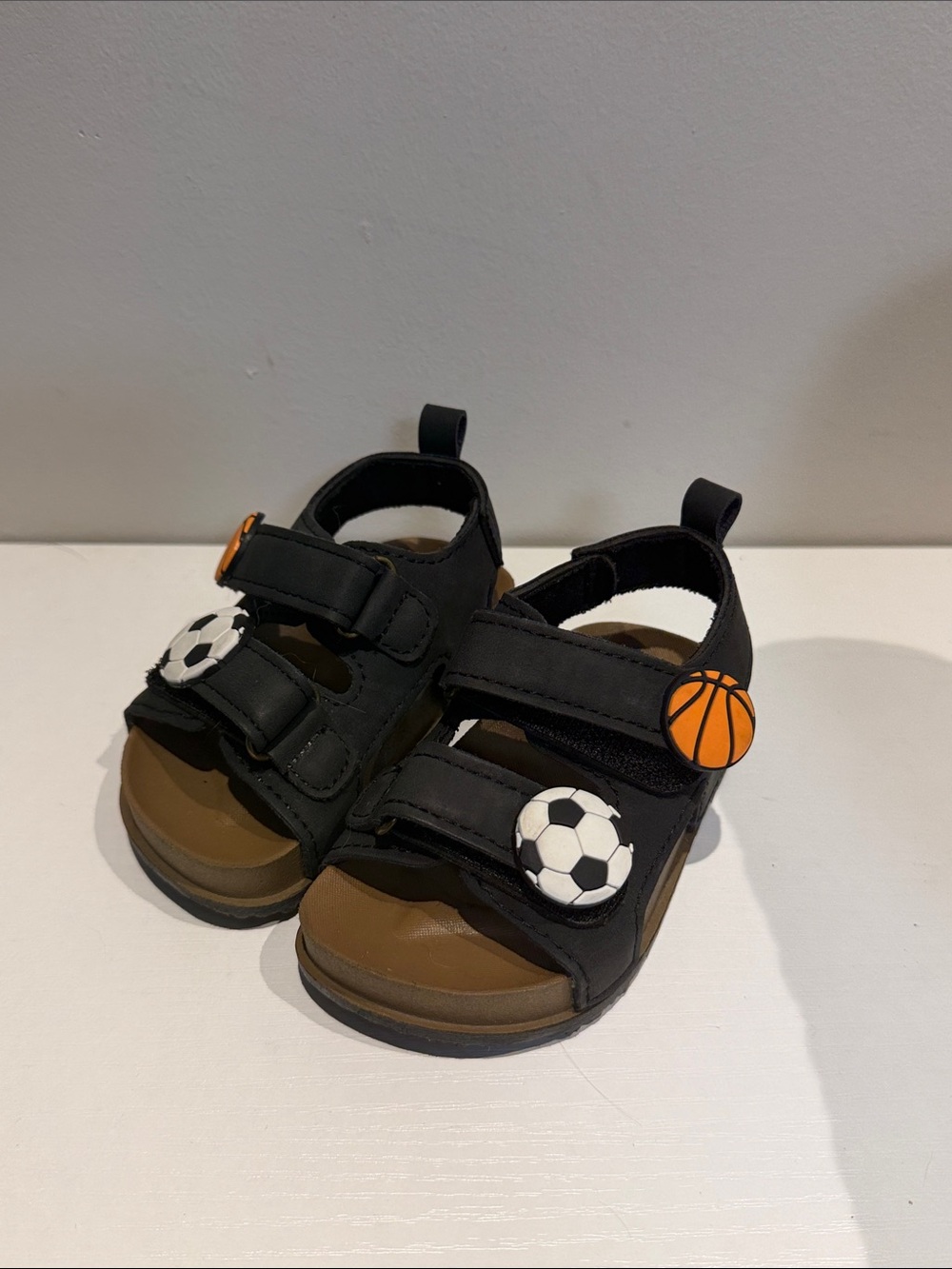 Kids Black Sandals with Soccer & Basketball Accent Charms